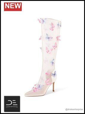 Clear Knee High Boots Butterfly Pointed Toe Stiletto Heels Mesh Back Zipper